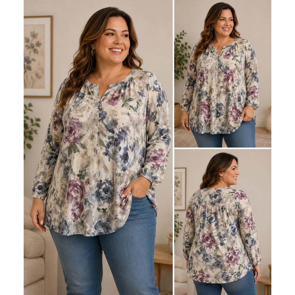 Autres Filles Floral Blouse Women‎ 1X Multicolor Gold Metallic Smocked Cuff Top